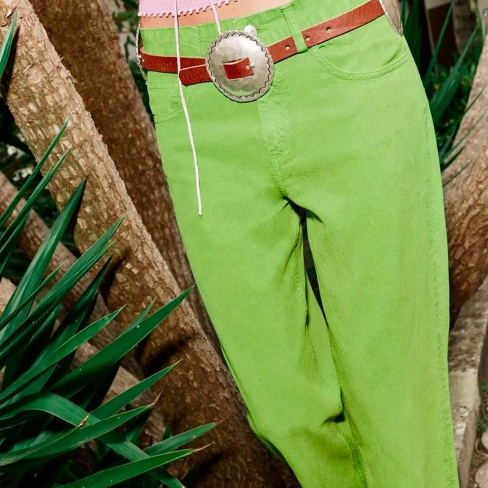 Zara Bright Green Linen Blend Mid Rise Full Length Wide Leg Pants, NWT Sz 4